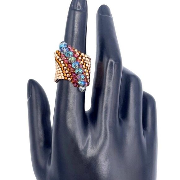 Yellow Gold with Bronze and AB Crystal Cellini Spiral Statement Ring Size 7 - Picture 6 of 6